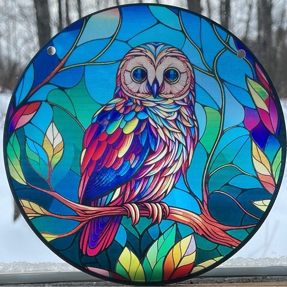 Acrylic Suncatcher Owl Colourful Leaves 6” Decorative Faux Stained Glass Decor - Picture 2 of 2
